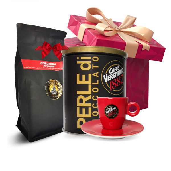 Punga cafea, cutie perle de ciocolata si ceasca